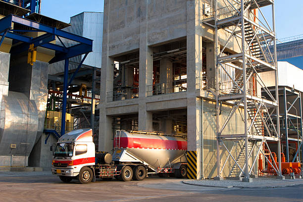 Heavy truck loading the concrete powder to the packing factory