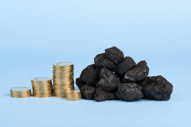 Black hard coal with coins stacks on blue background, fossil fuel price concept